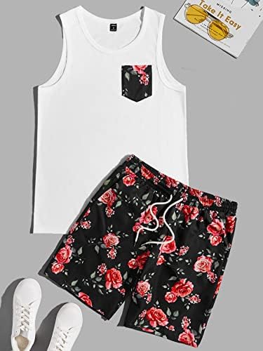LUBOSE İki Parçalı Kıyafetler Erkekler için Erkekler Çiçek Baskı Tank Top ve İpli Bel Şort (Renk: Çok Renkli, Boyut: