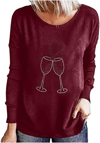 Cam kırmızı şarap şişesi Tee Gömlek Kadınlar için Uzun Kollu Aşk Grafik Baskı Casual Bluz Tops sevgililer Günü Hediyesi