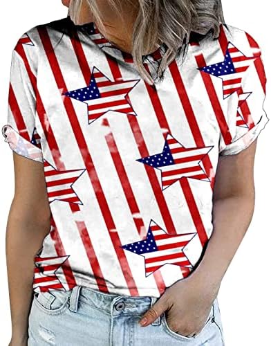 Yaz Tees Kadınlar için Dördüncü Temmuz Kısa Kollu Gömlek ABD Bayrağı Baskılı Üstleri Yuvarlak Boyun Bağımsızlık Günü